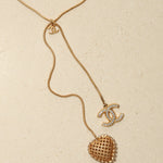 Chanel 2001 Crystal Embellished CC Logo and Heart Lariat Necklace - FashioNica