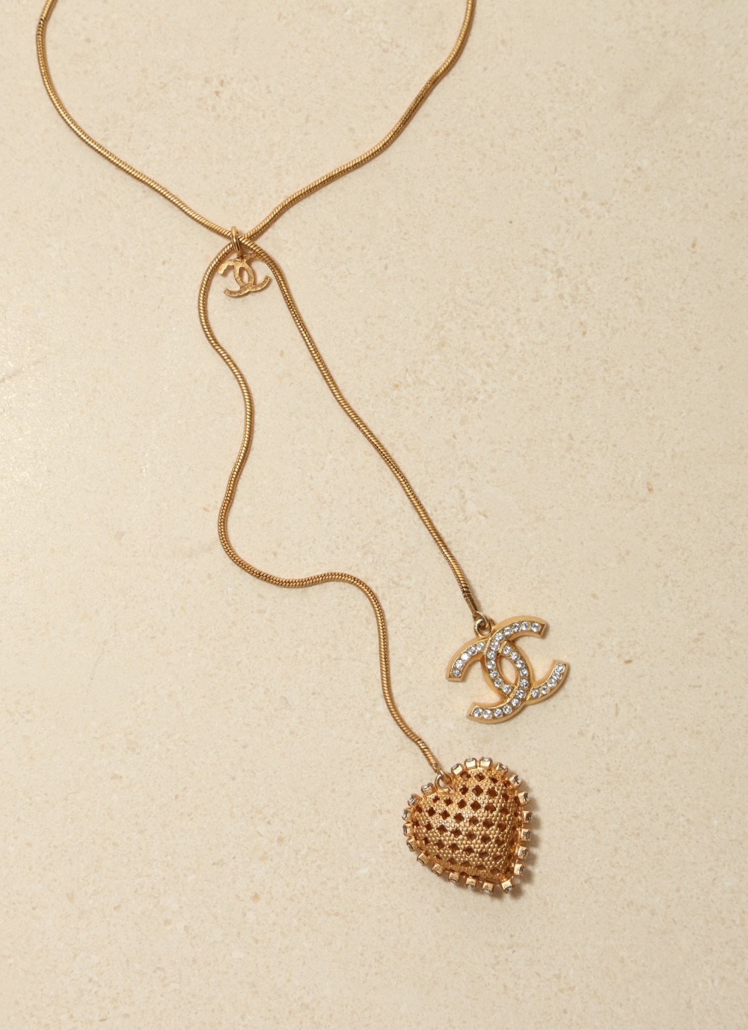 Chanel 2001 Crystal Embellished CC Logo and Heart Lariat Necklace - FashioNica