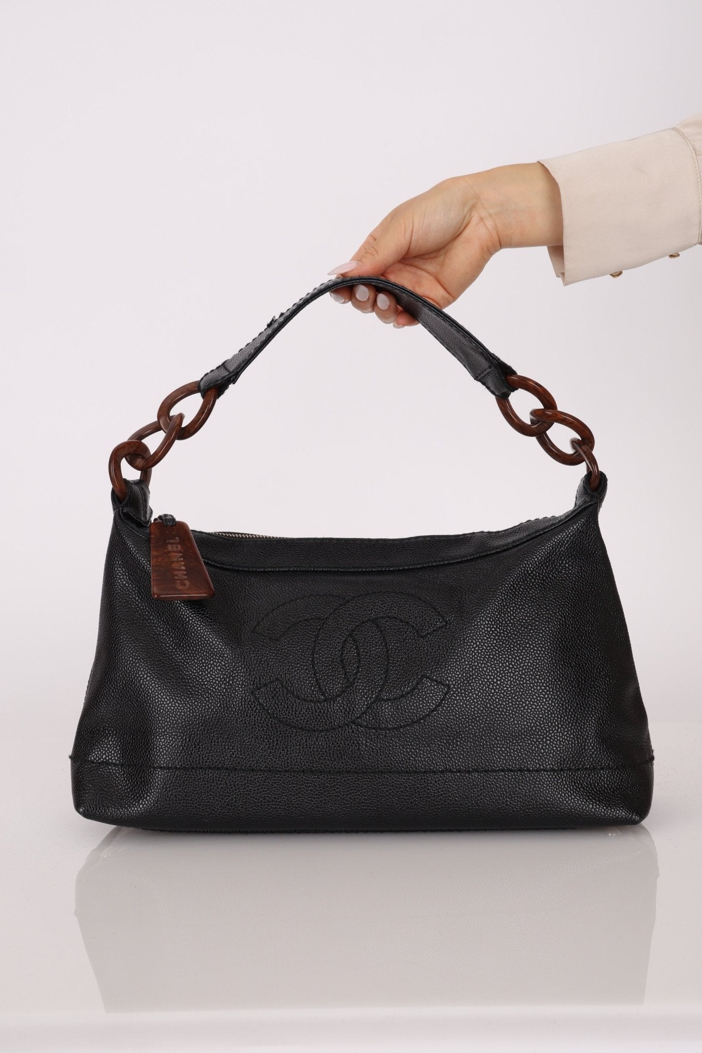 Chanel 2002 Caviar Acrylic Wood Chain Shoulder Bag - FashioNica