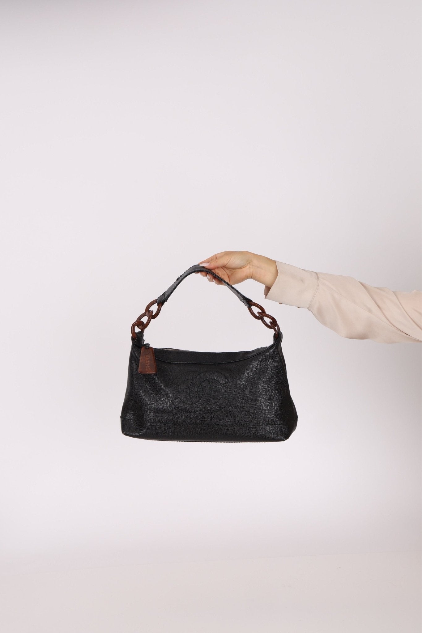 Chanel 2002 Caviar Acrylic Wood Chain Shoulder Bag - FashioNica