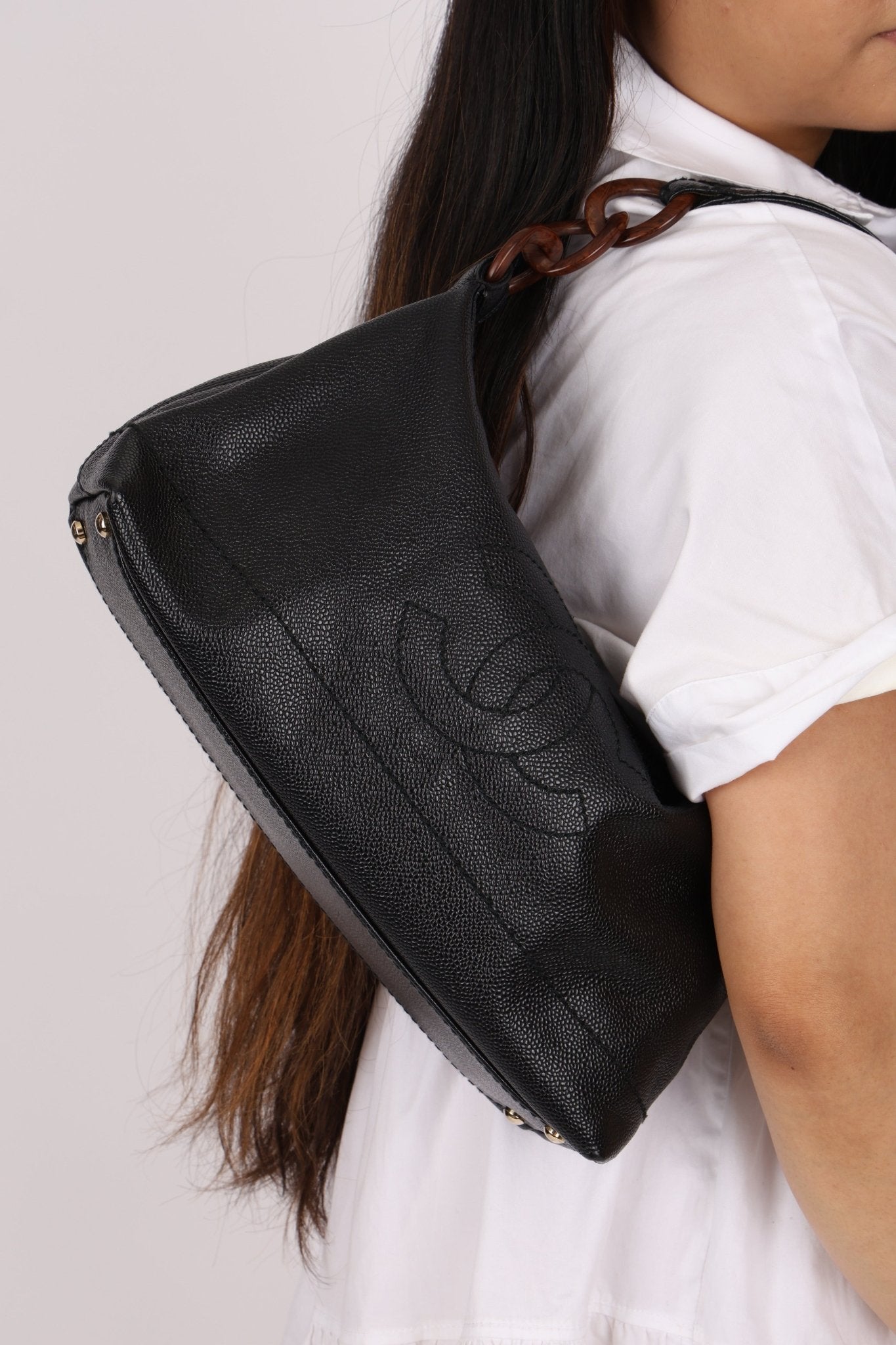 Chanel 2002 Caviar Acrylic Wood Chain Shoulder Bag - FashioNica