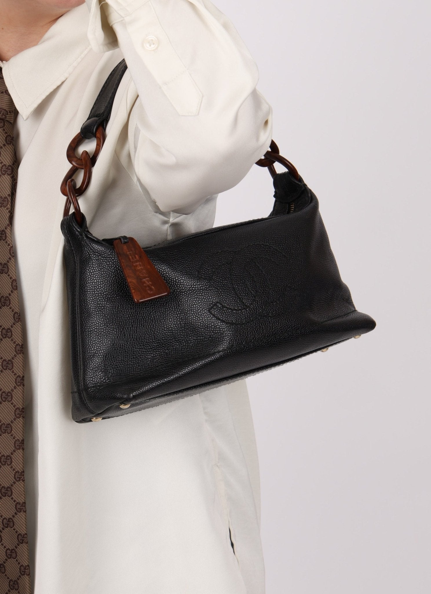 Chanel 2002 Caviar Acrylic Wood Shoulder Bag - FashioNica