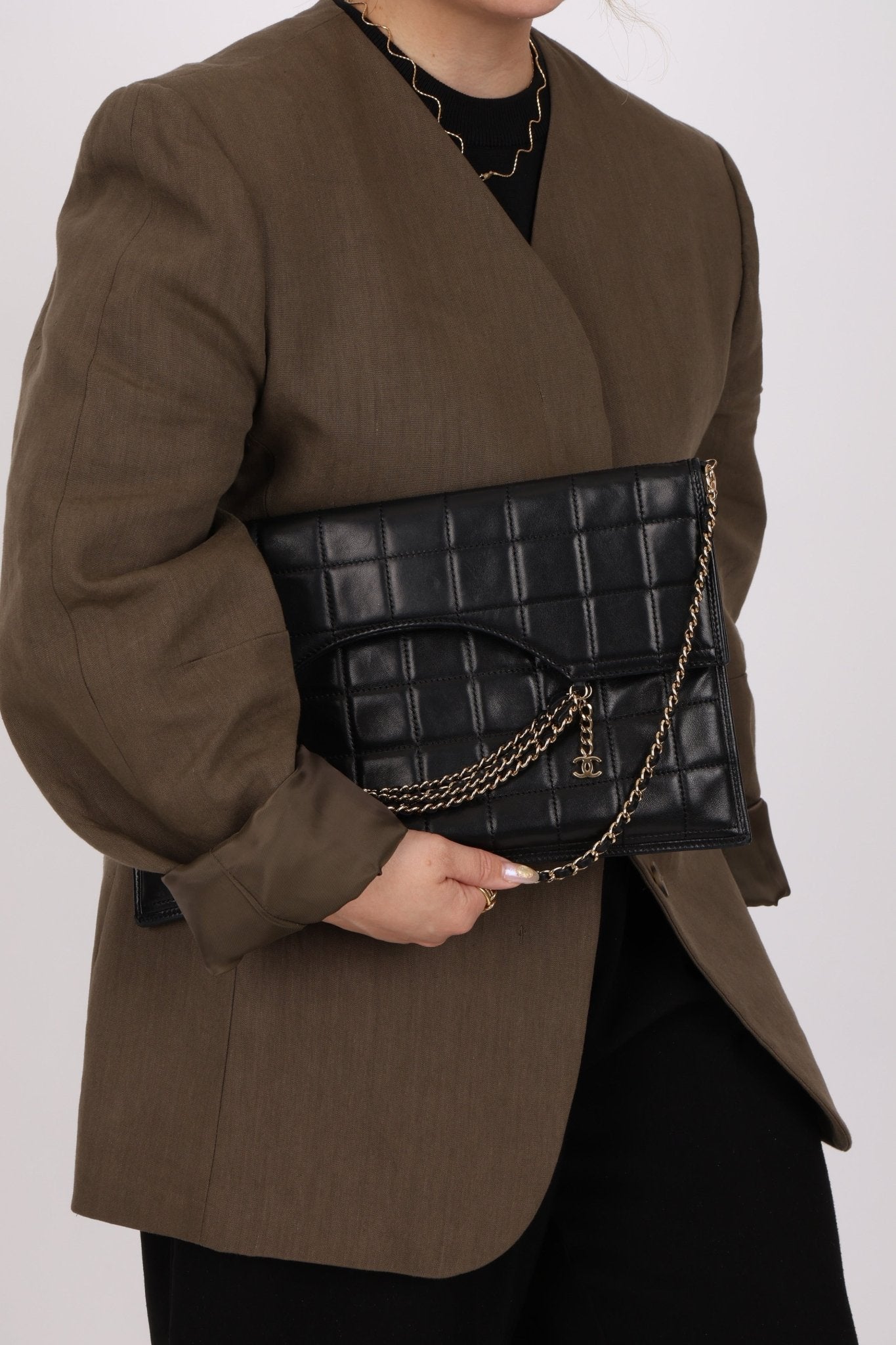 Chanel 2003 Lambskin Chocolate Bar Quilted Foldover Clutch 24k GP - FashioNica