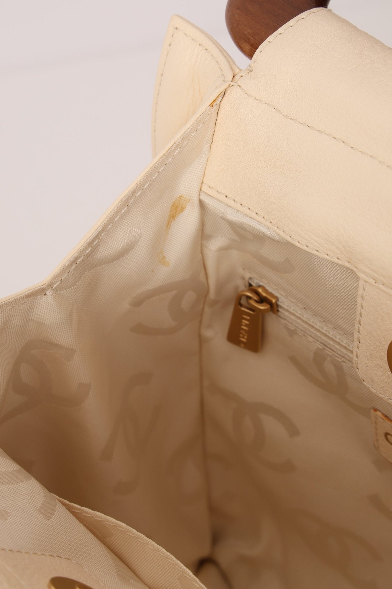 Chanel 2003 Soft Calfskin Ivory Whipstitch Wood Top Handle Mini Tote - FashioNica