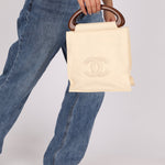 Chanel 2003 Soft Calfskin Ivory Whipstitch Wood Top Handle Mini Tote - FashioNica