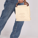 Chanel 2003 Soft Calfskin Ivory Whipstitch Wood Top Handle Mini Tote - FashioNica