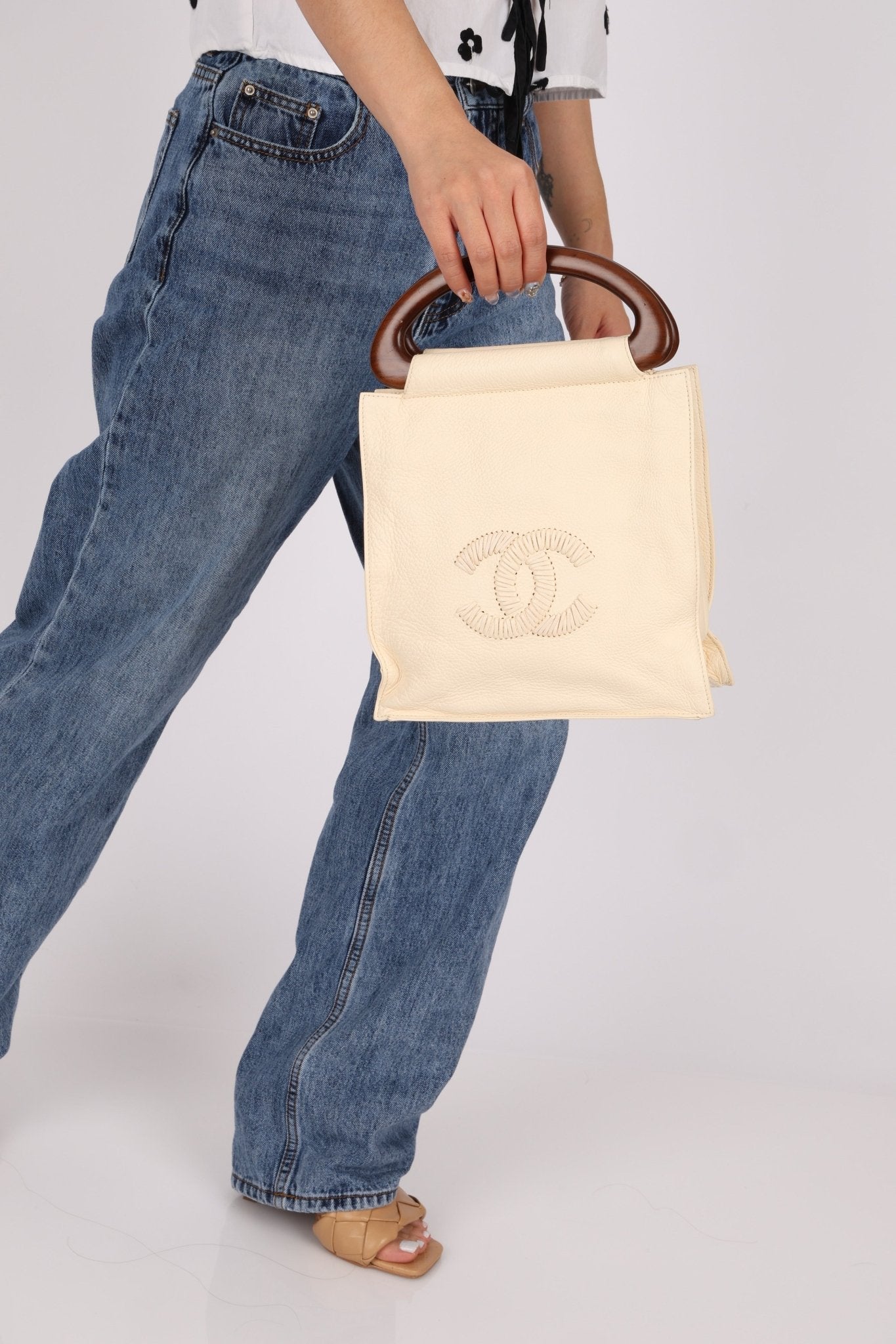 Chanel 2003 Soft Calfskin Ivory Whipstitch Wood Top Handle Mini Tote - FashioNica