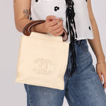Chanel 2003 Soft Calfskin Ivory Whipstitch Wood Top Handle Mini Tote - FashioNica