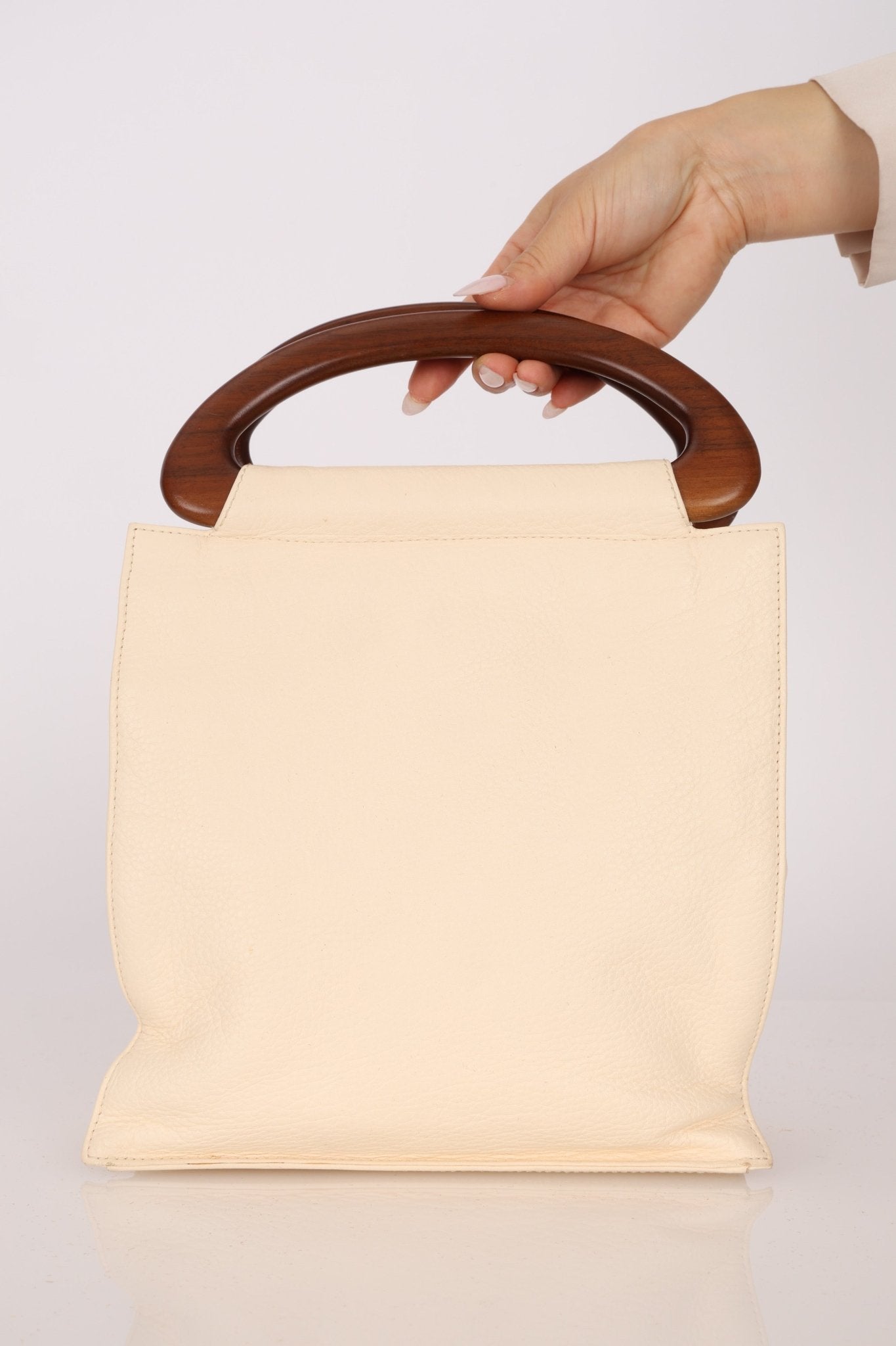 Chanel 2003 Soft Calfskin Ivory Whipstitch Wood Top Handle Mini Tote - FashioNica