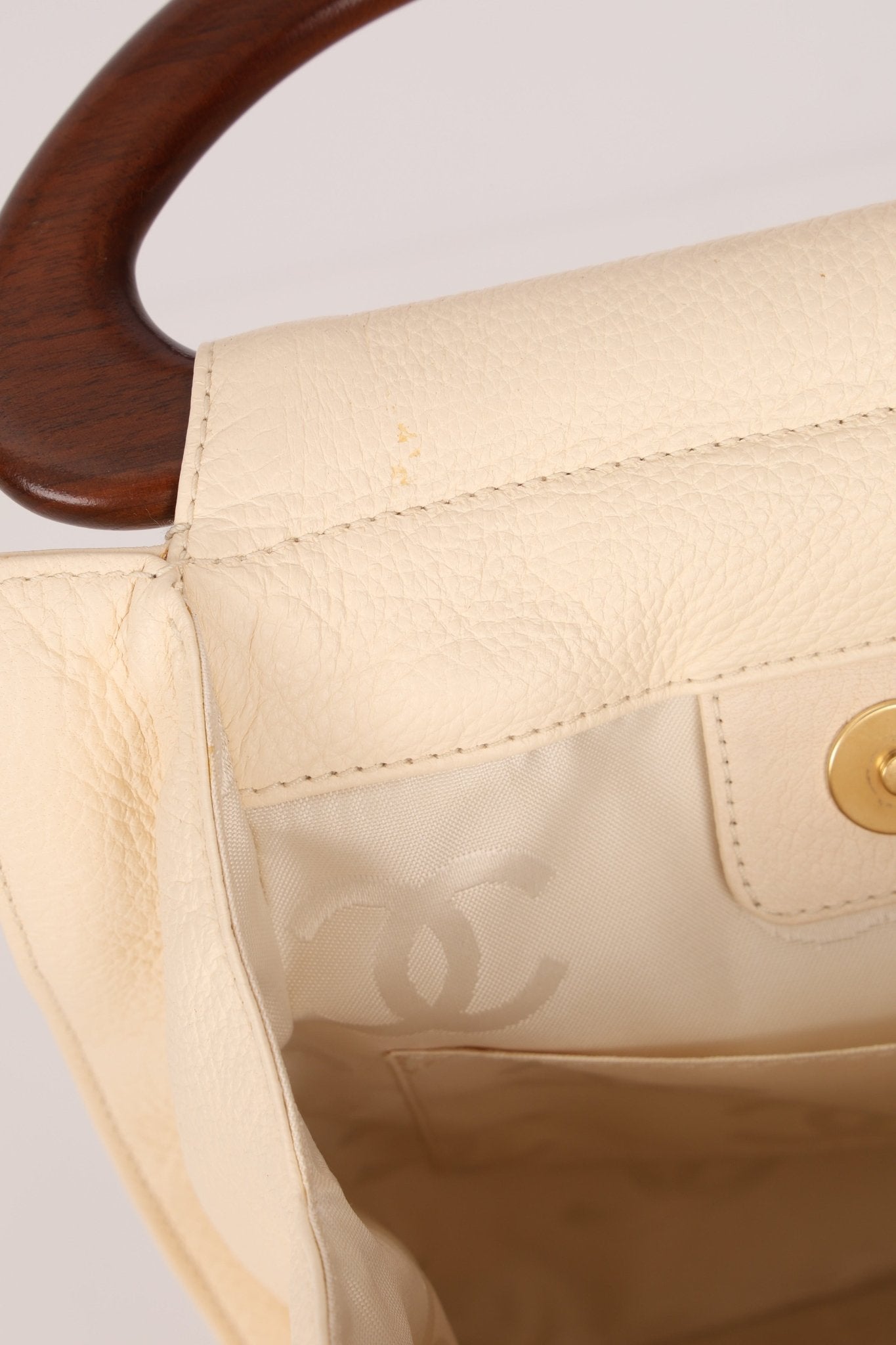 Chanel 2003 Soft Calfskin Ivory Whipstitch Wood Top Handle Mini Tote - FashioNica