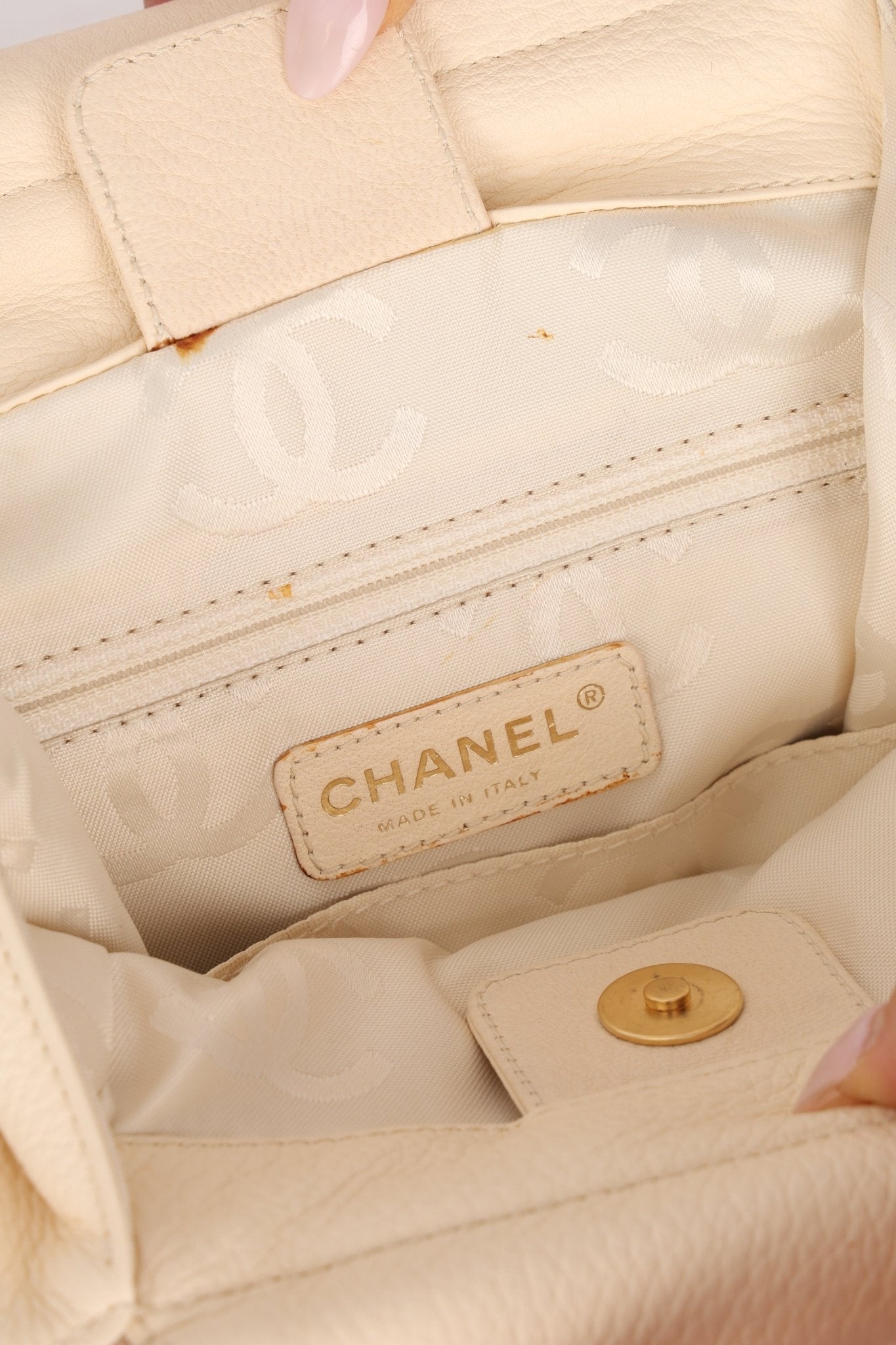 Chanel 2003 Soft Calfskin Ivory Whipstitch Wood Top Handle Mini Tote - FashioNica