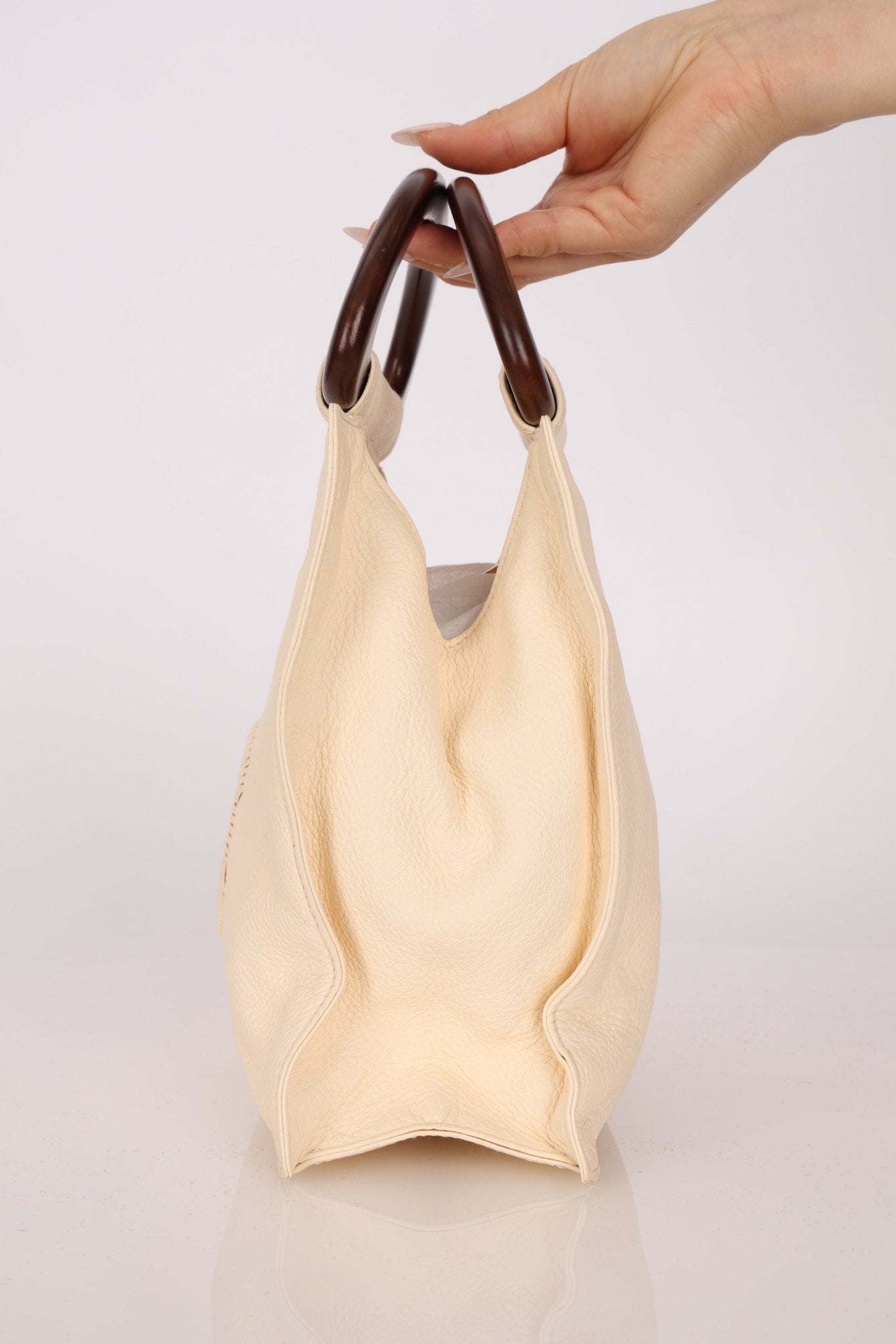 Chanel 2003 Soft Calfskin Ivory Whipstitch Wood Top Handle Mini Tote - FashioNica