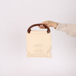 Chanel 2003 Soft Calfskin Ivory Whipstitch Wood Top Handle Mini Tote - FashioNica