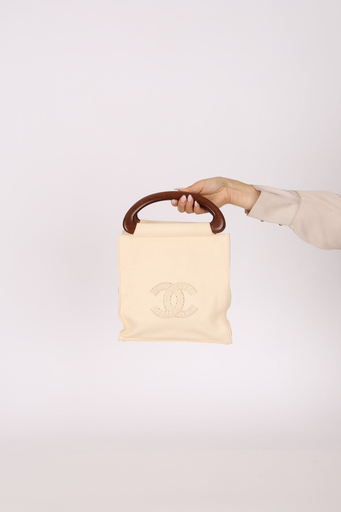 Chanel 2003 Soft Calfskin Ivory Whipstitch Wood Top Handle Mini Tote - FashioNica