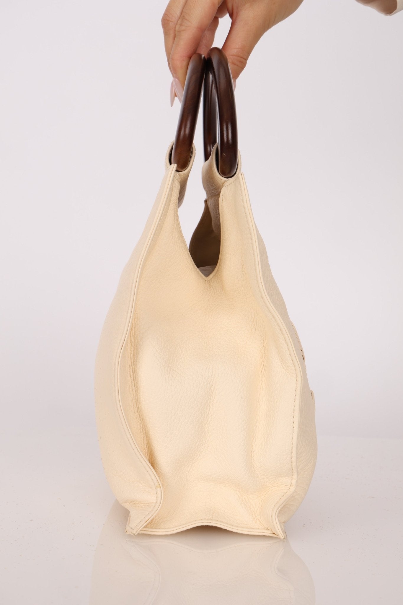 Chanel 2003 Soft Calfskin Ivory Whipstitch Wood Top Handle Mini Tote - FashioNica