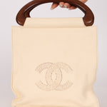 Chanel 2003 Soft Calfskin Ivory Whipstitch Wood Top Handle Mini Tote - FashioNica