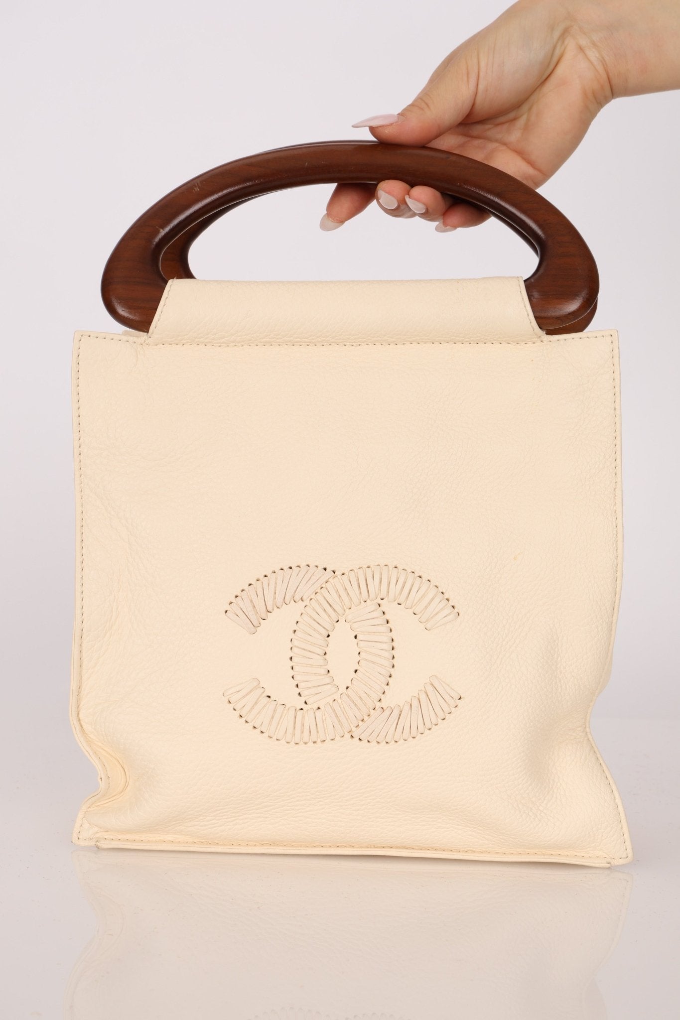 Chanel 2003 Soft Calfskin Ivory Whipstitch Wood Top Handle Mini Tote - FashioNica