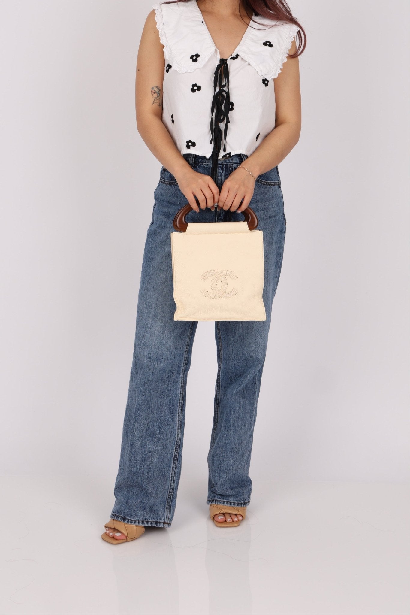 Chanel 2003 Soft Calfskin Ivory Whipstitch Wood Top Handle Mini Tote - FashioNica