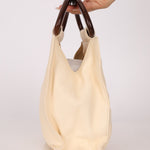 Chanel 2003 Soft Calfskin Ivory Whipstitch Wood Top Handle Mini Tote - FashioNica