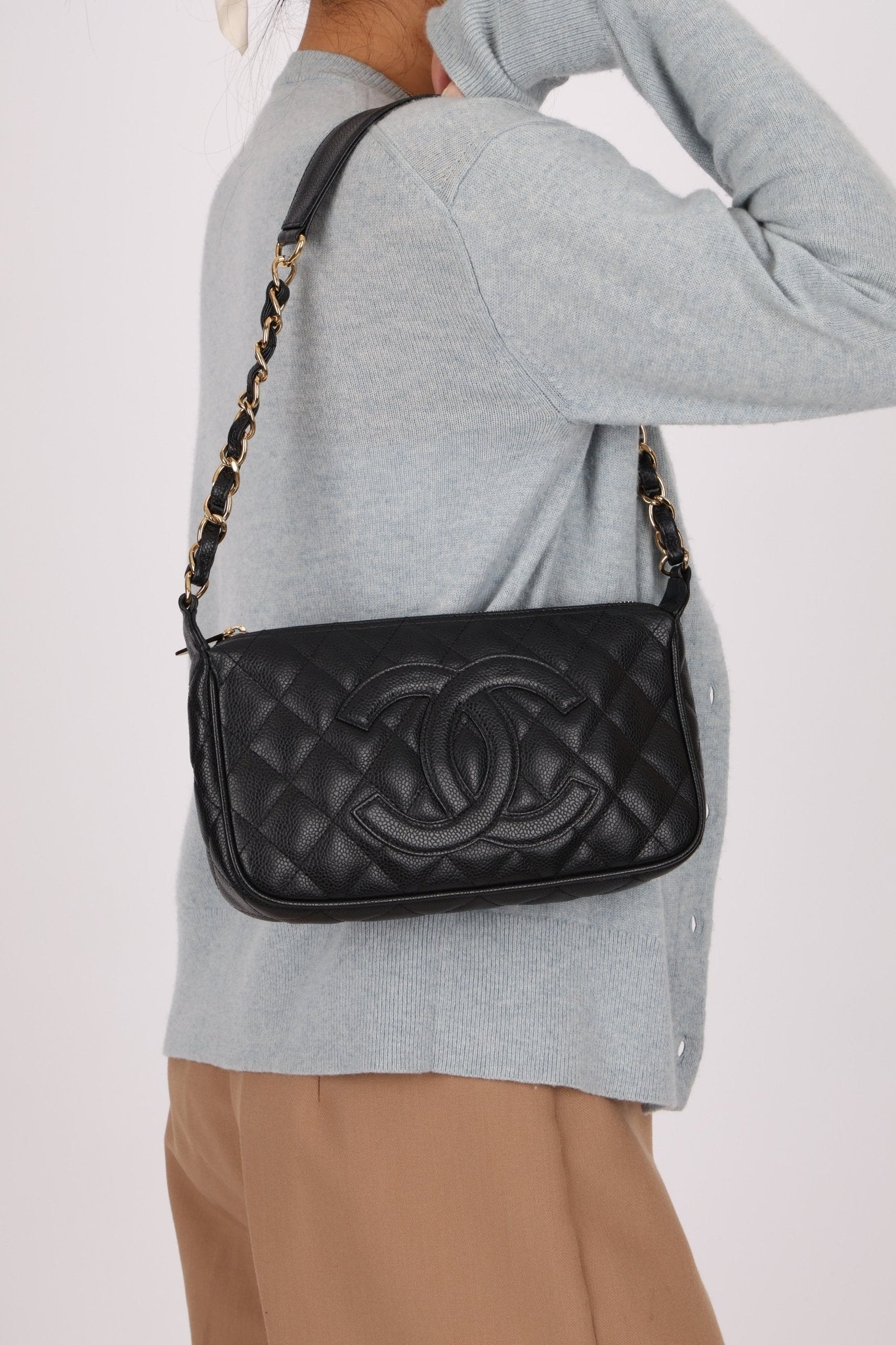 Chanel 2004 Black Caviar Timeless Pochette 24K GP - FashioNica
