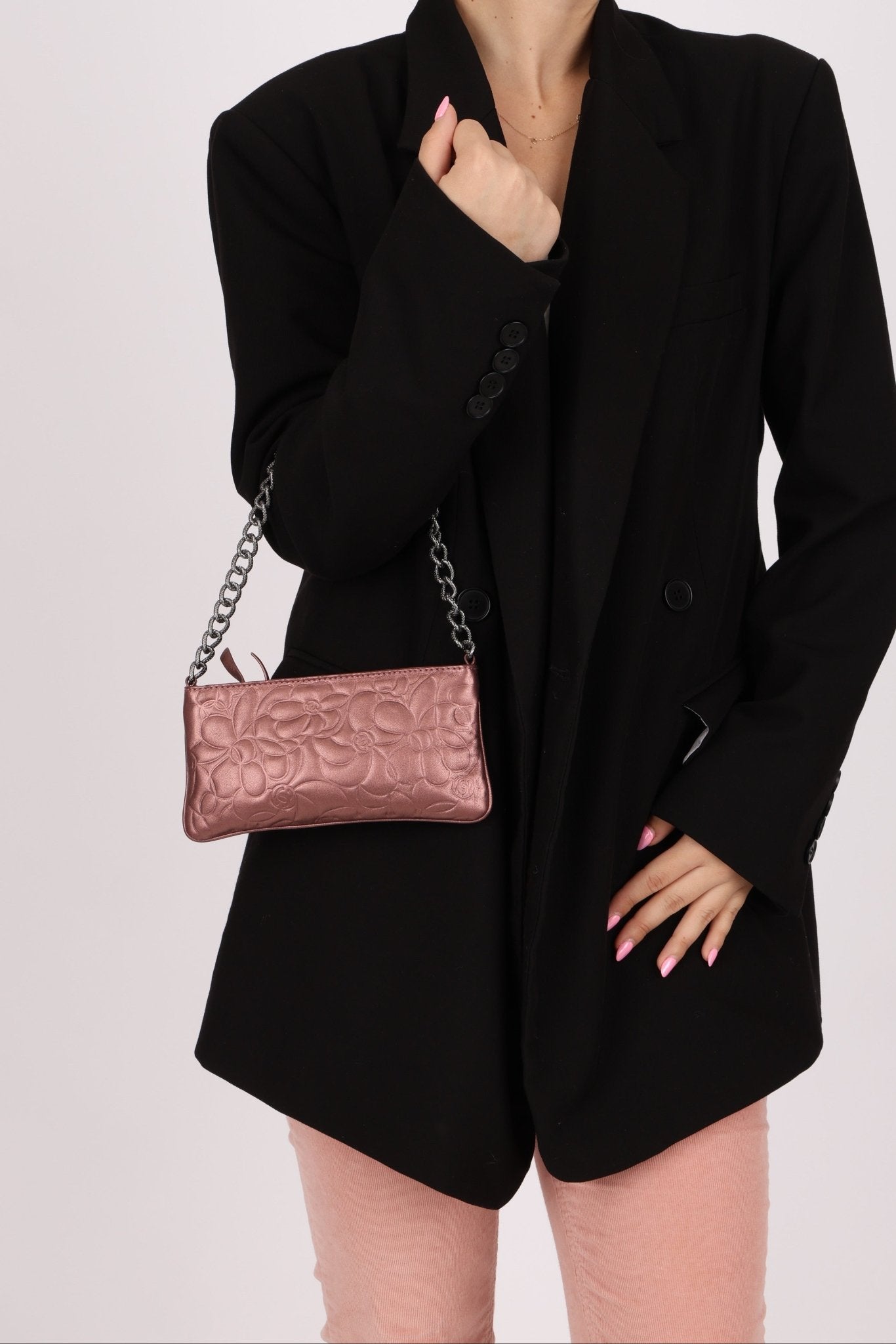 Chanel 2004 Metallic Rose - Gold Camellia Chain Pochette - FashioNica