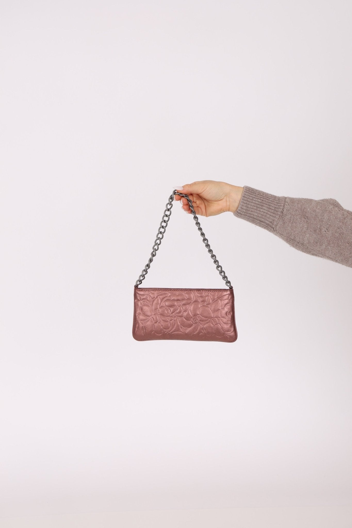 Chanel 2004 Metallic Rose - Gold Camellia Chain Pochette - FashioNica