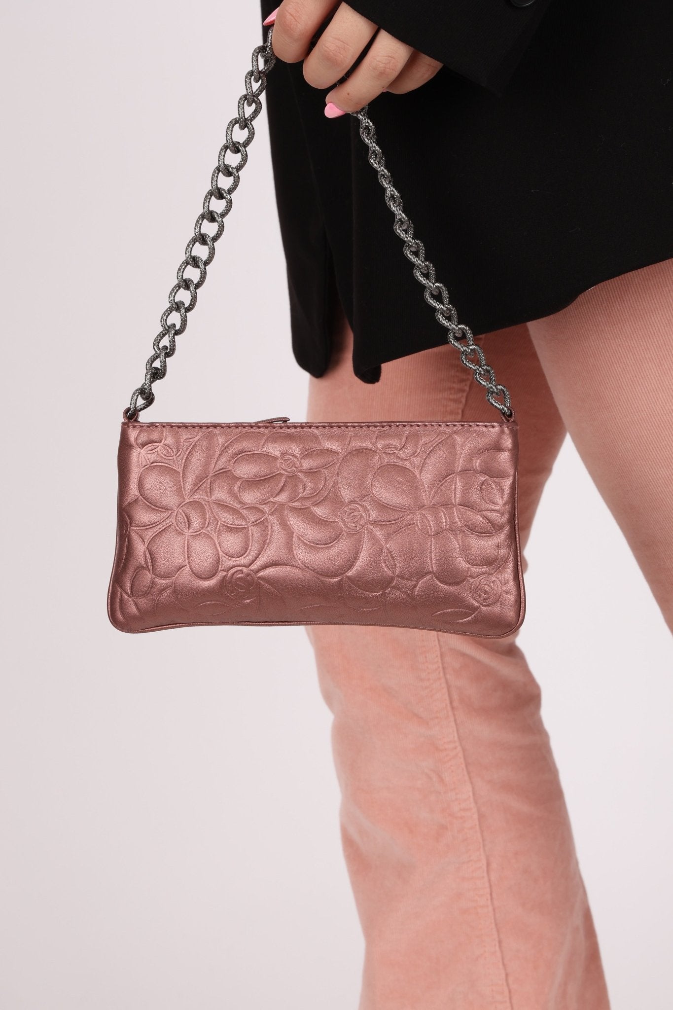Chanel 2004 Metallic Rose - Gold Camellia Chain Pochette - FashioNica