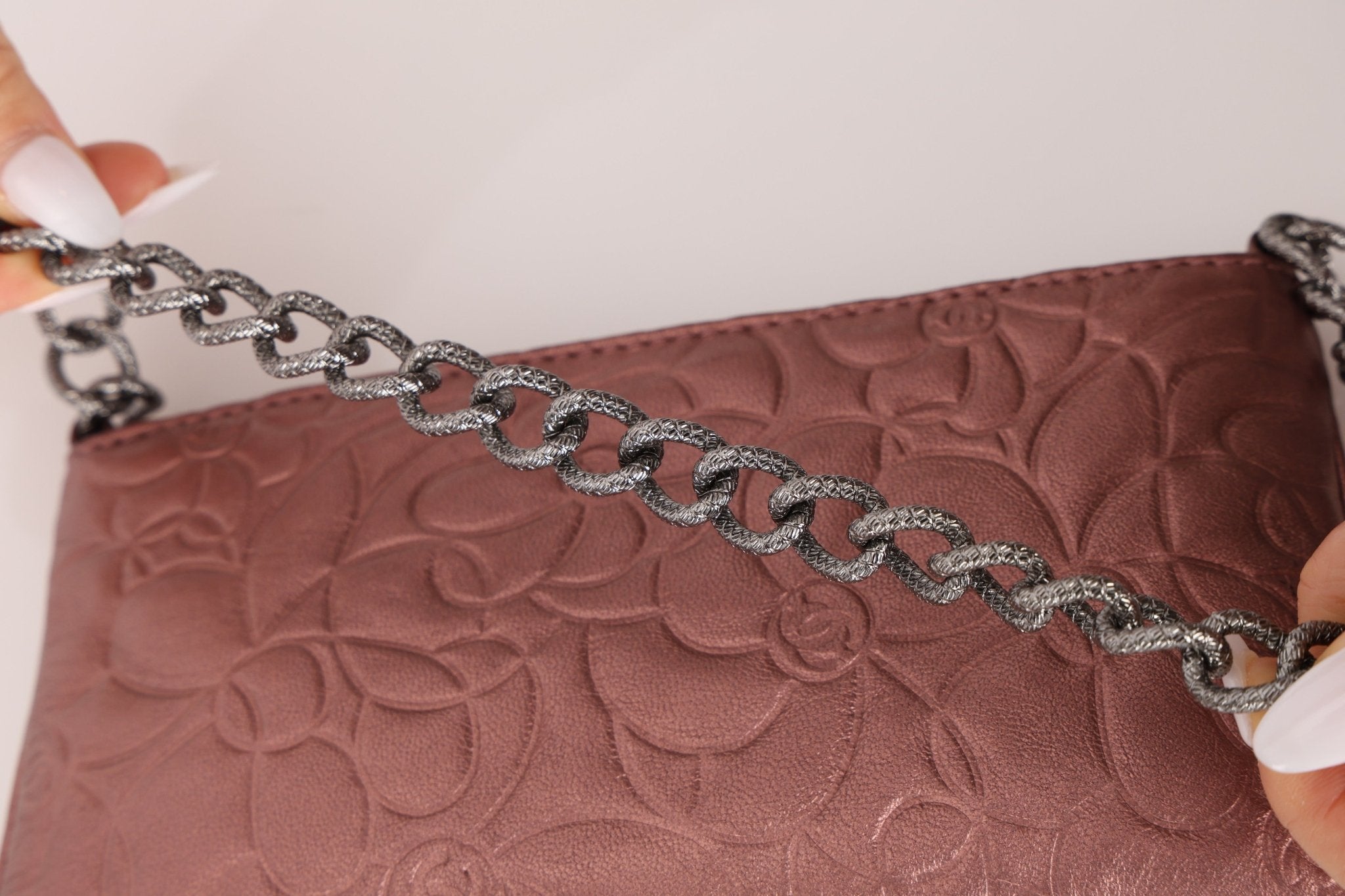 Chanel 2004 Metallic Rose - Gold Camellia Chain Pochette - FashioNica