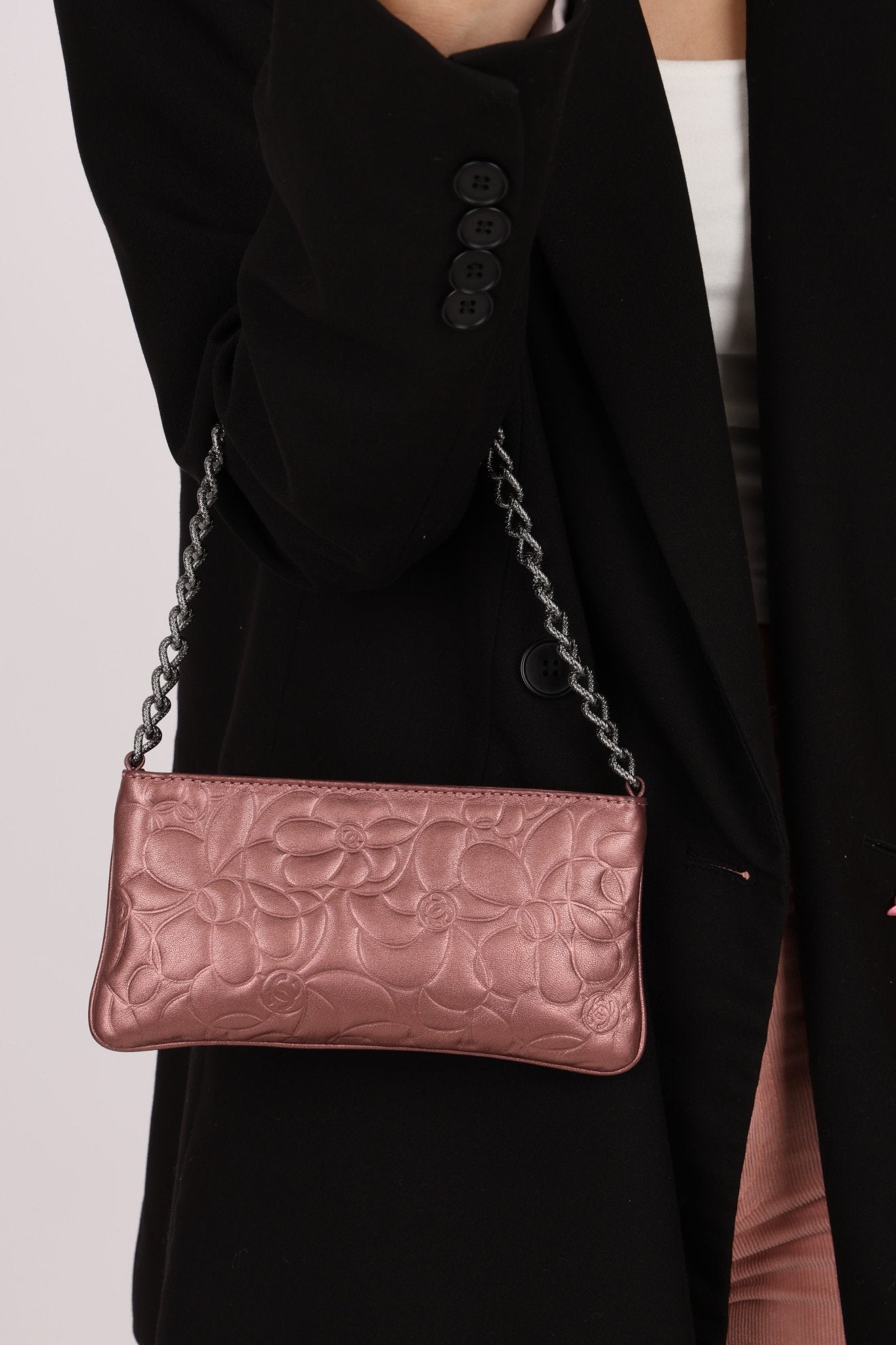 Chanel 2004 Metallic Rose - Gold Camellia Chain Pochette - FashioNica