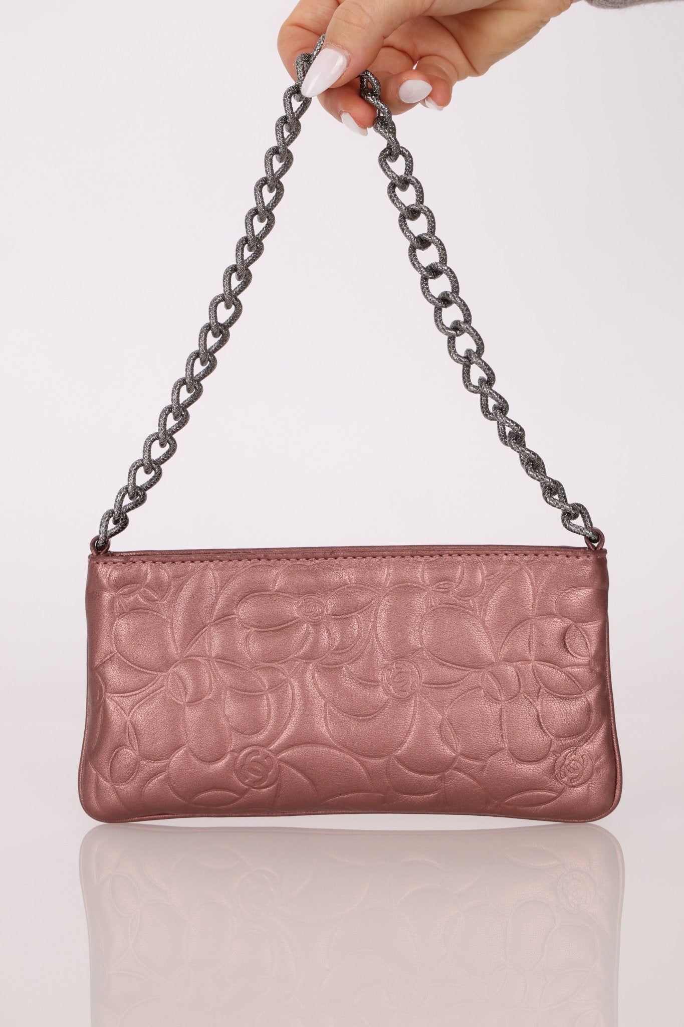 Chanel 2004 Metallic Rose - Gold Camellia Chain Pochette - FashioNica