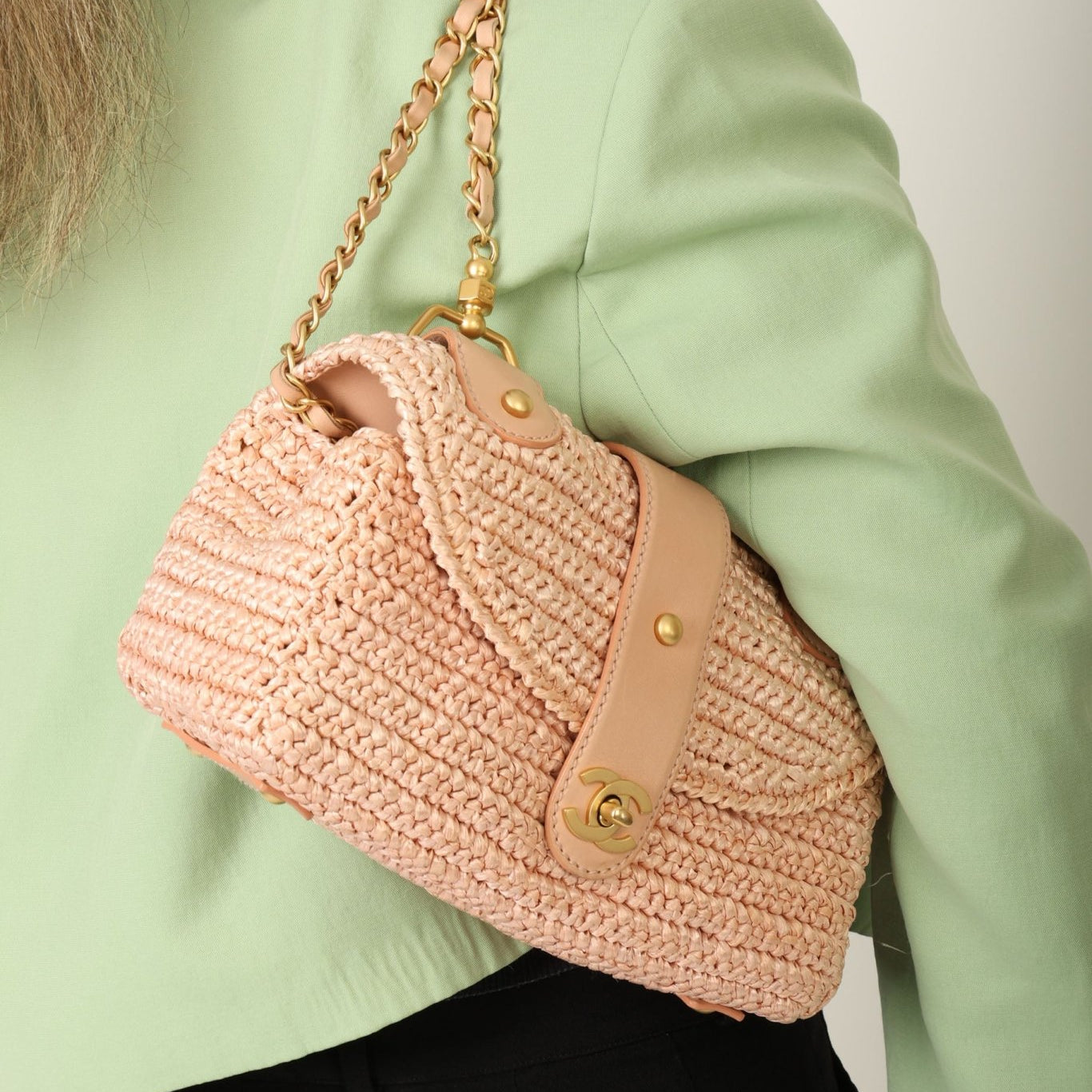 Chanel 2005 Lambskin & Raffia Turnlock Chain Shoulder Bag - FashioNica