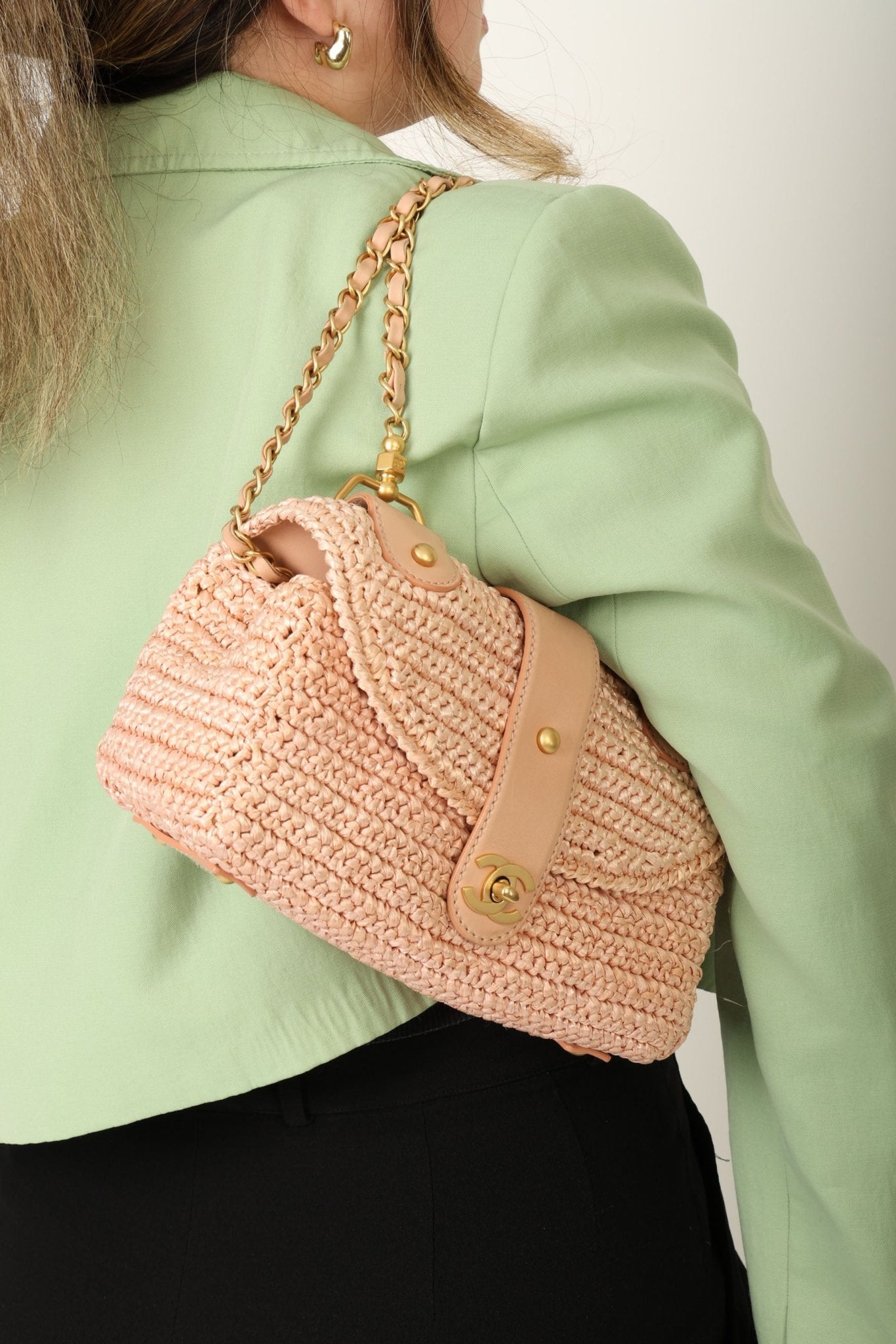 Chanel 2005 Lambskin & Raffia Turnlock Chain Shoulder Bag - FashioNica