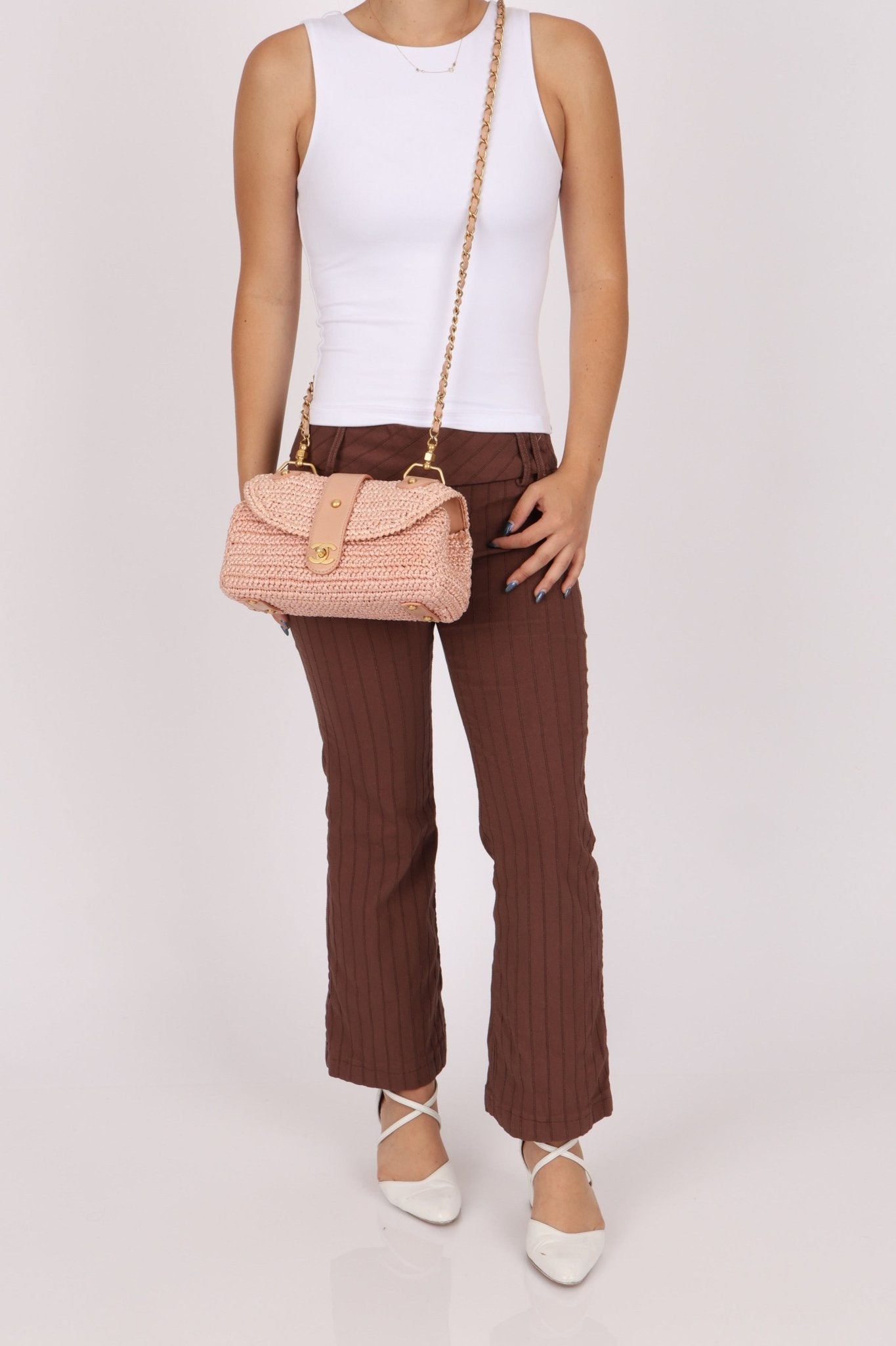 Chanel 2005 Lambskin & Raffia Turnlock Chain Shoulder Bag - FashioNica