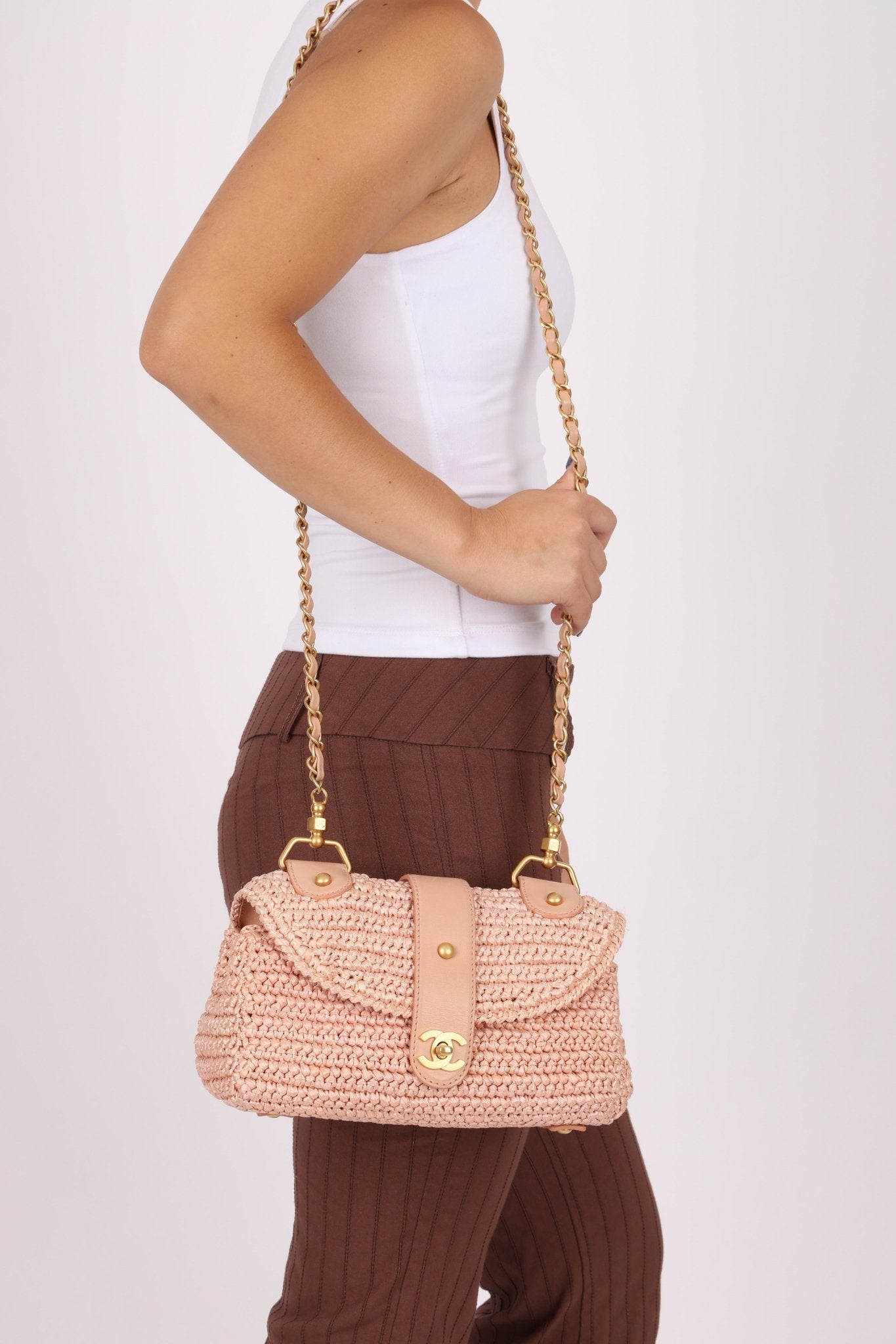 Chanel 2005 Lambskin & Raffia Turnlock Chain Shoulder Bag - FashioNica