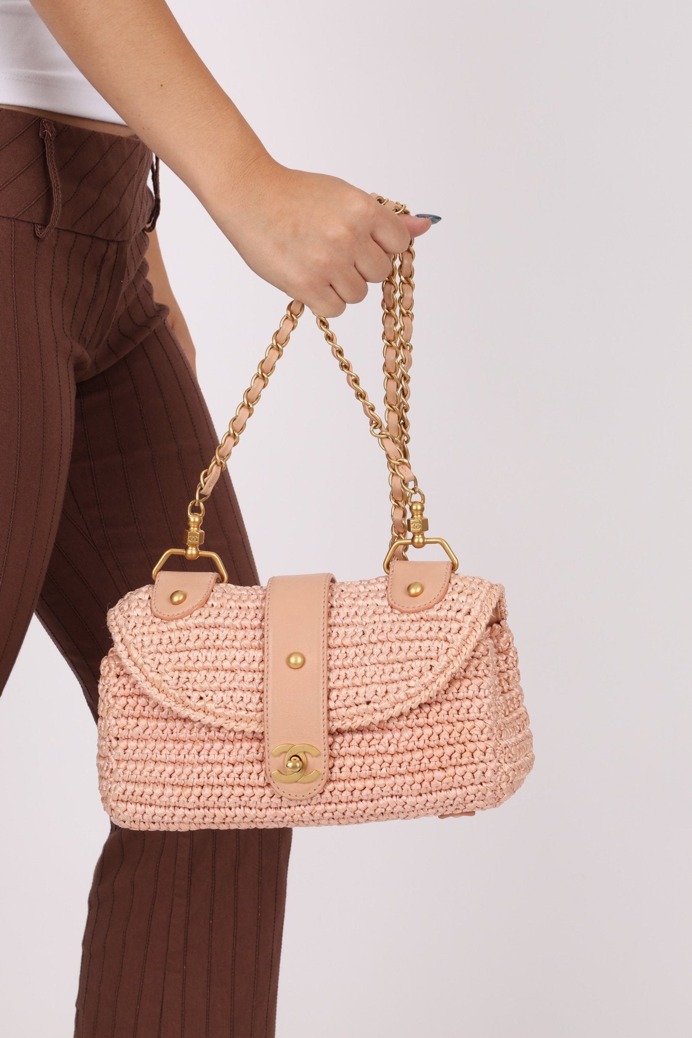 Chanel 2005 Lambskin & Raffia Turnlock Chain Shoulder Bag - FashioNica
