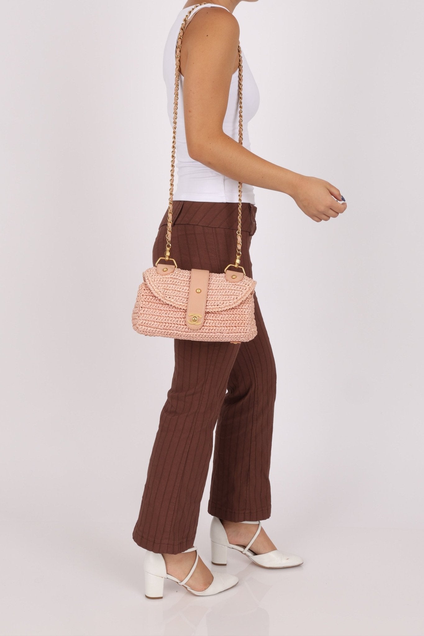 Chanel 2005 Lambskin & Raffia Turnlock Chain Shoulder Bag - FashioNica