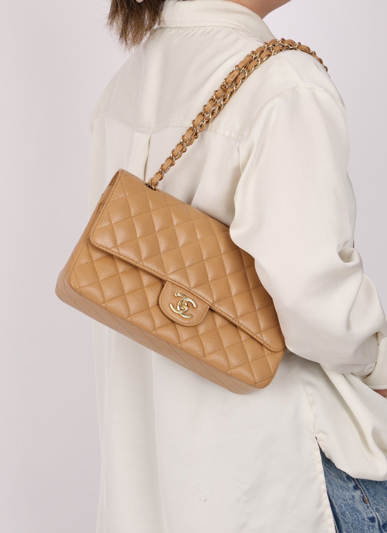 Chanel 2006 Caramel Caviar Medium Classic Double Flap 24K GP - FashioNica