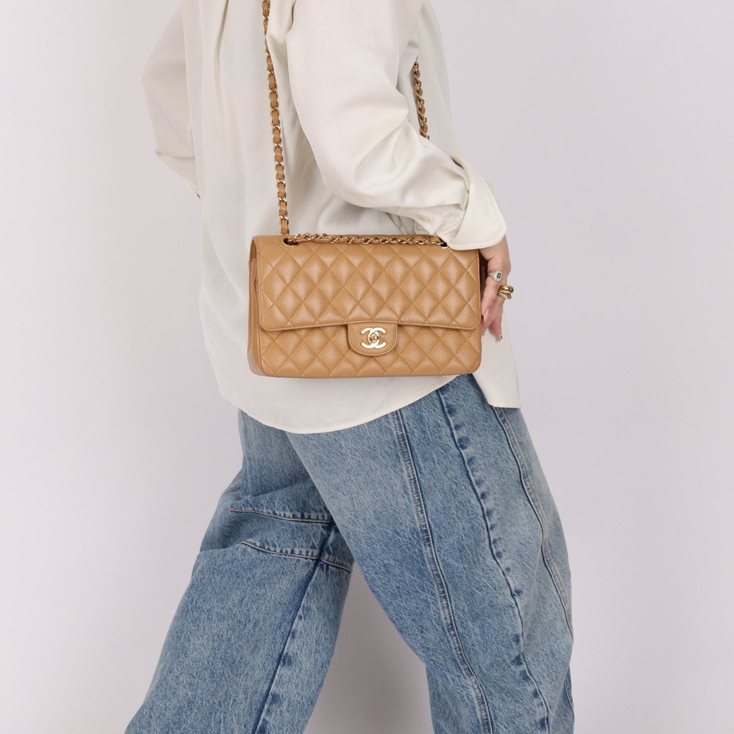 Chanel 2006 Caramel Caviar Medium Classic Double Flap 24K GP - FashioNica