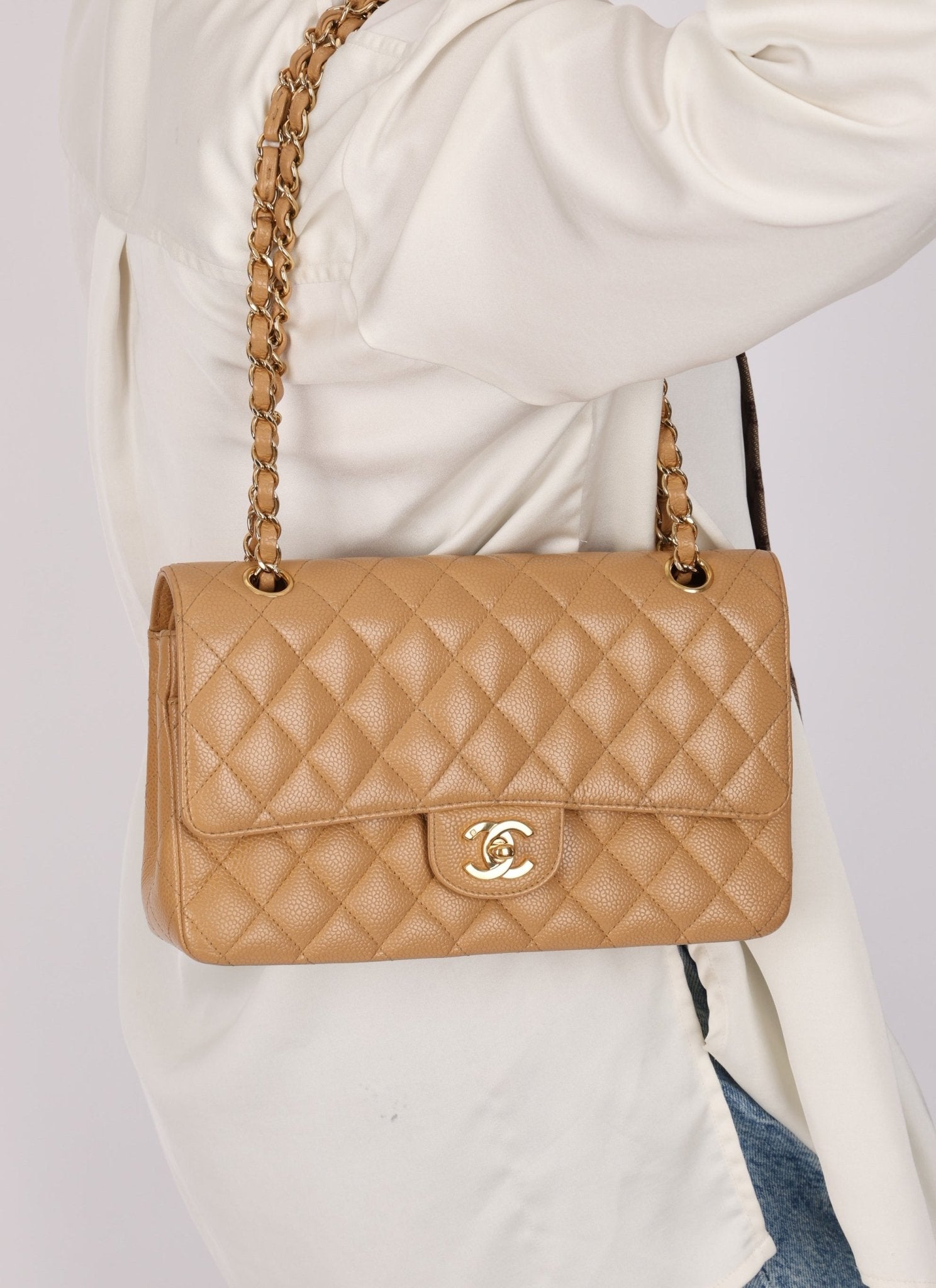 Chanel 2006 Caramel Caviar Medium Classic Double Flap 24K GP - FashioNica