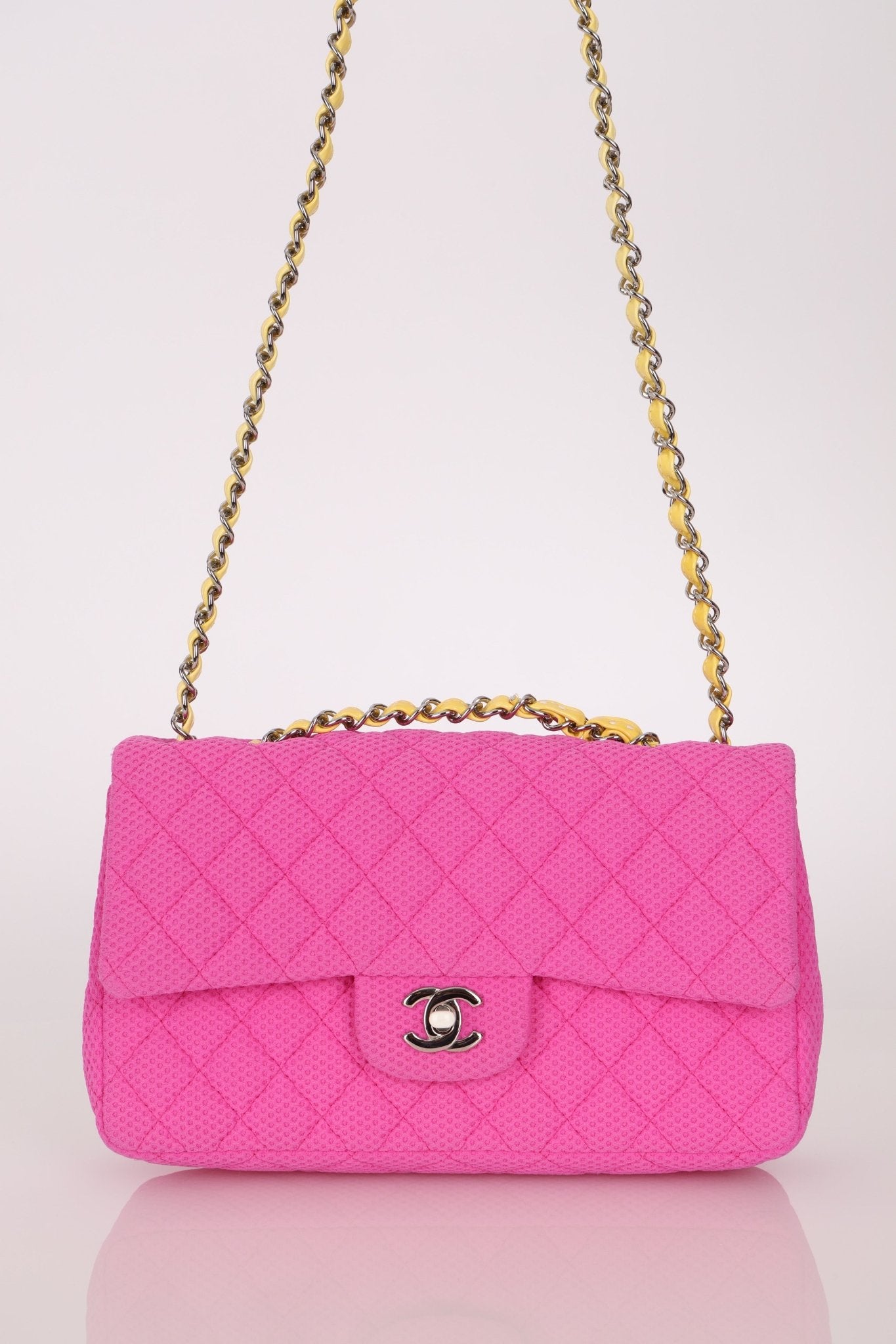 Chanel 2010 Hot Pink Perforated Jersey Medium Single Classic Flap - FashioNica
