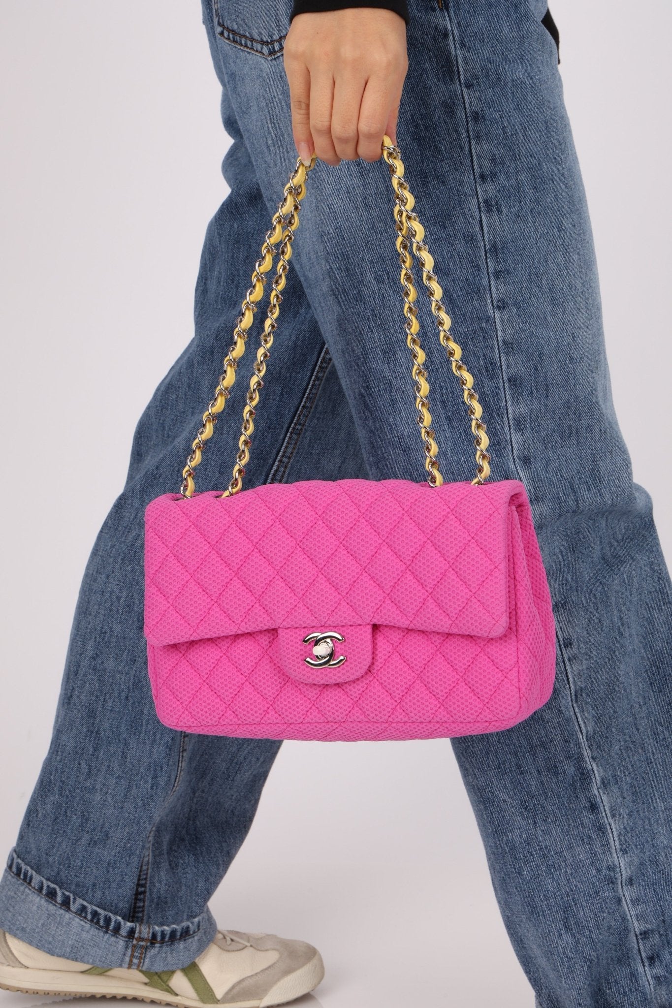 Chanel 2010 Hot Pink Perforated Jersey Medium Single Classic Flap - FashioNica