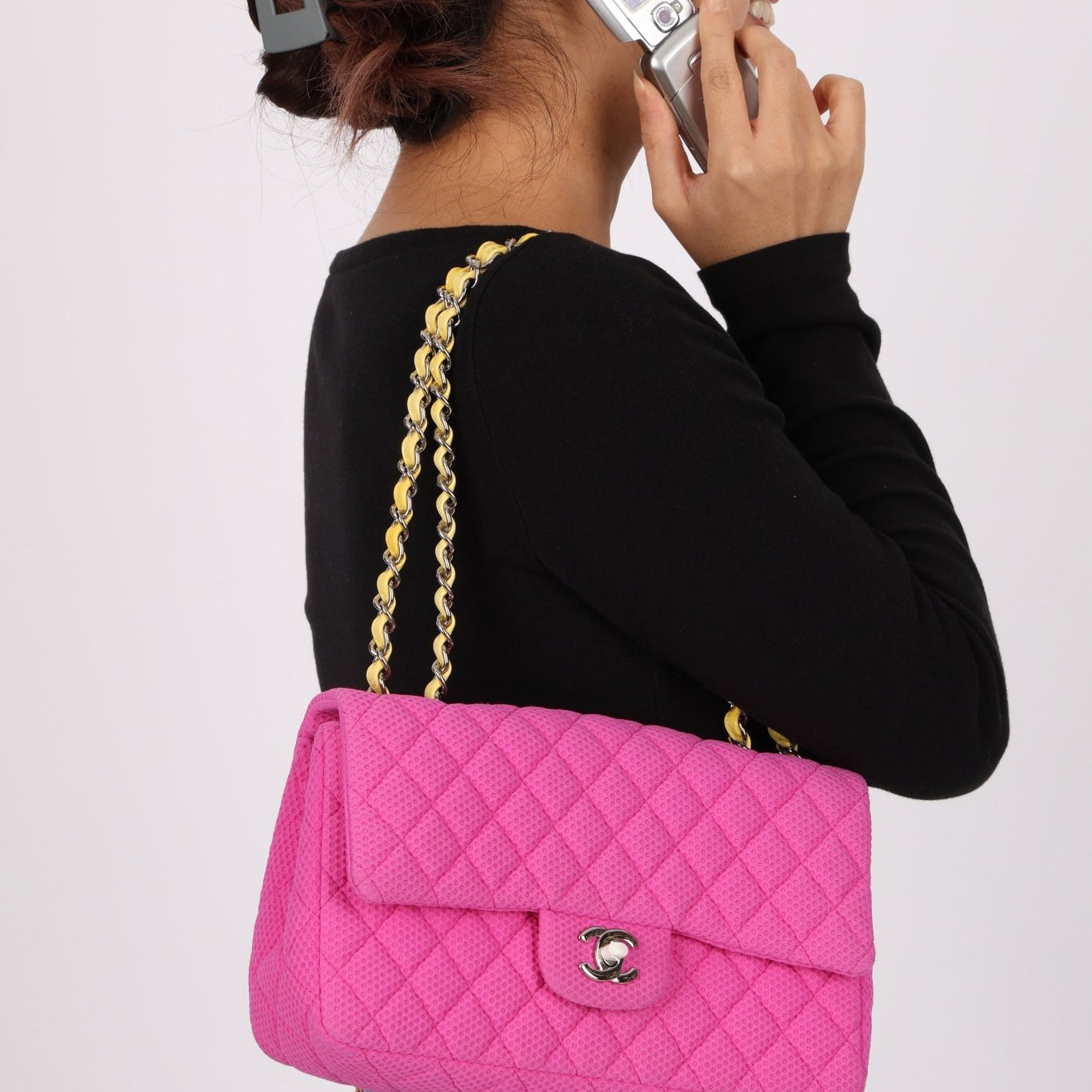 Chanel 2010 Hot Pink Perforated Jersey Medium Single Classic Flap - FashioNica