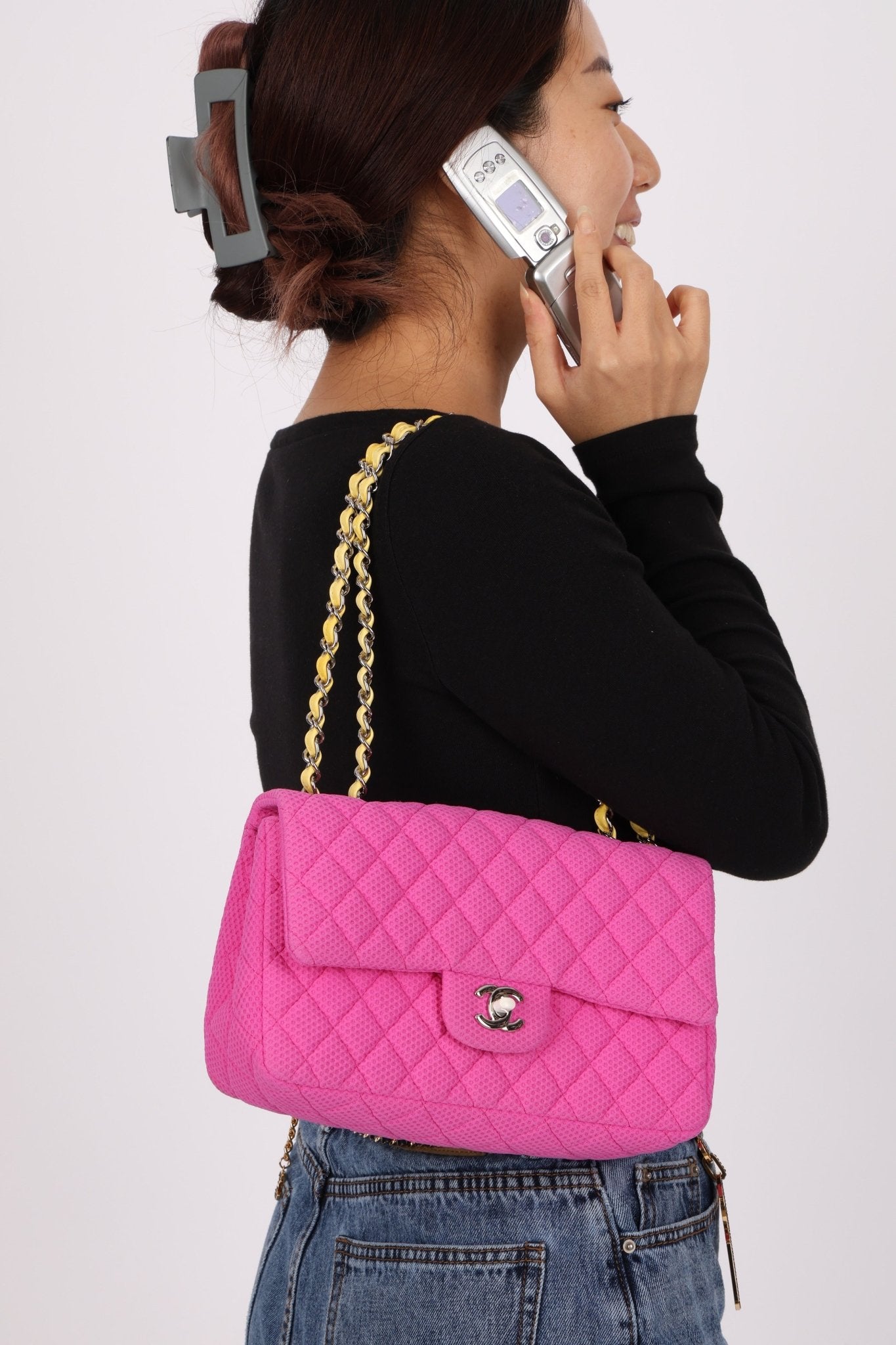 Chanel 2010 Hot Pink Perforated Jersey Medium Single Classic Flap - FashioNica