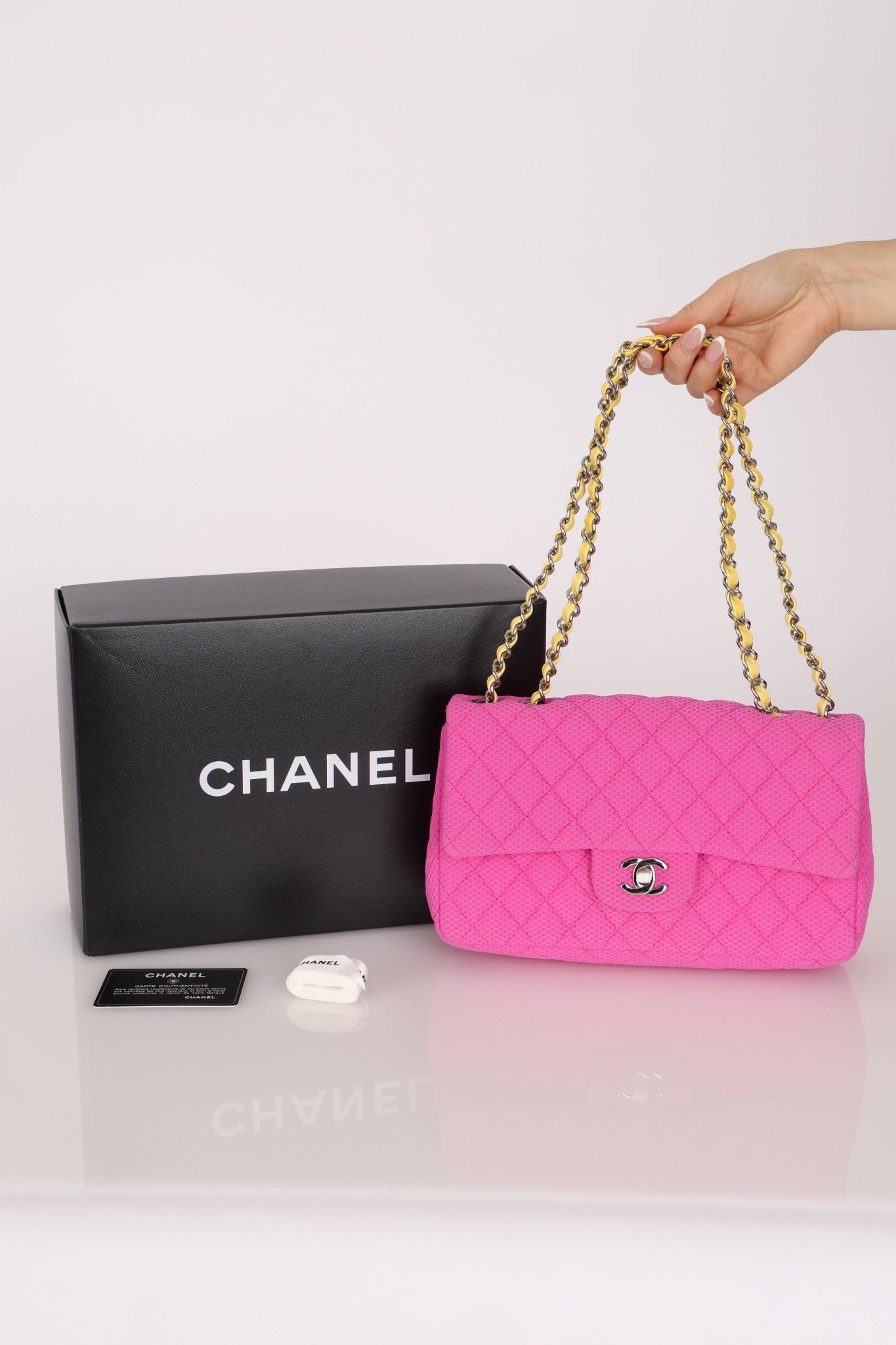 Chanel 2010 Hot Pink Perforated Jersey Medium Single Classic Flap - FashioNica