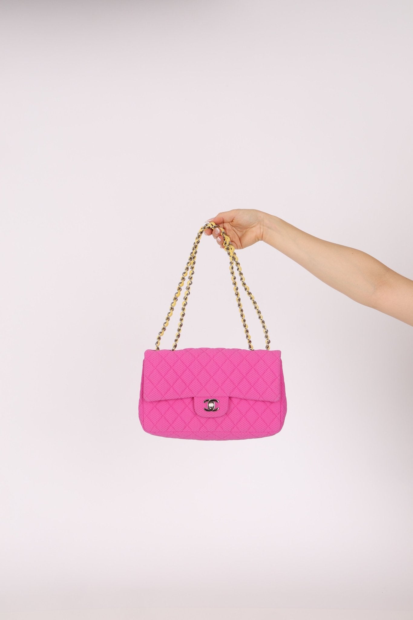 Chanel 2010 Hot Pink Perforated Jersey Medium Single Classic Flap - FashioNica