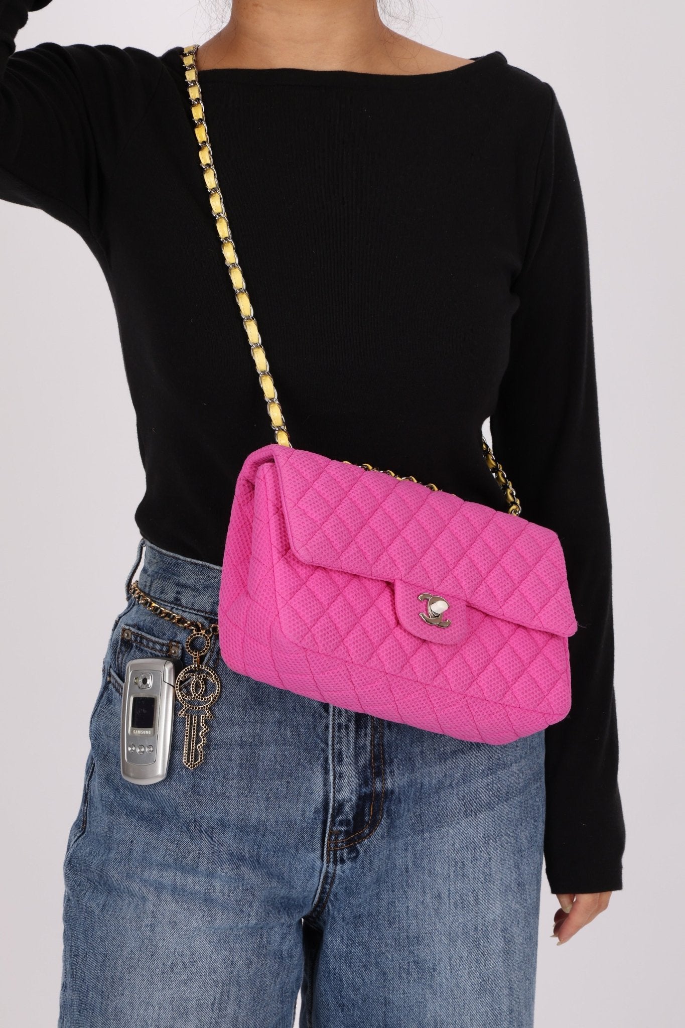 Chanel 2010 Hot Pink Perforated Jersey Medium Single Classic Flap - FashioNica