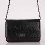 Chanel 2011 Black Lambskin Camellia Wallet on Chain - FashioNica