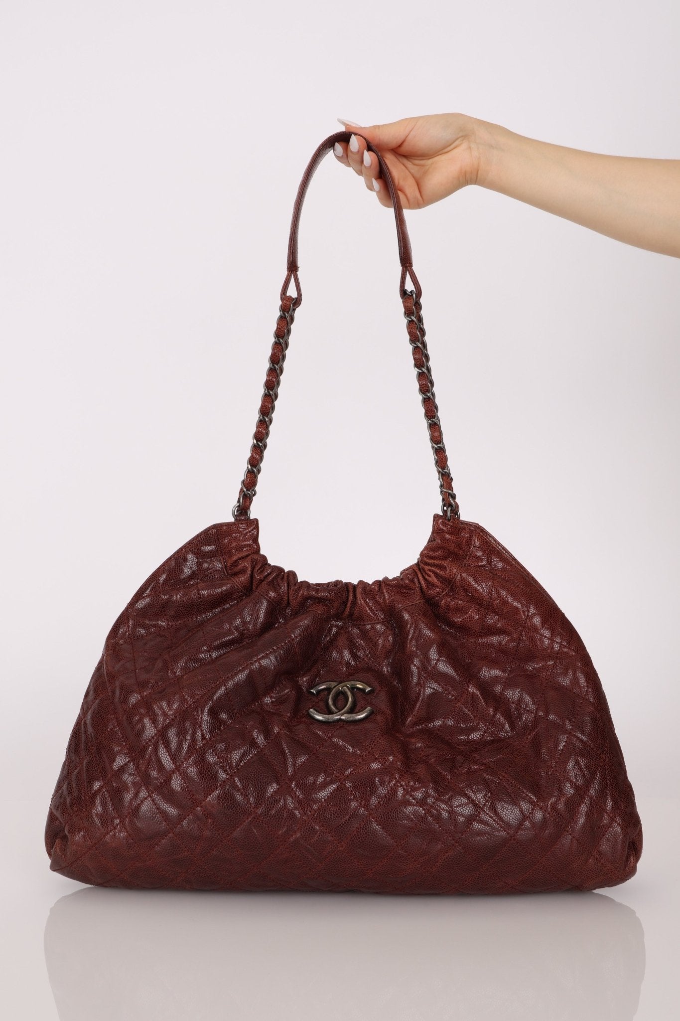 Chanel 2012 Burgundy Aged Caviar Elastic CC Hobo - FashioNica