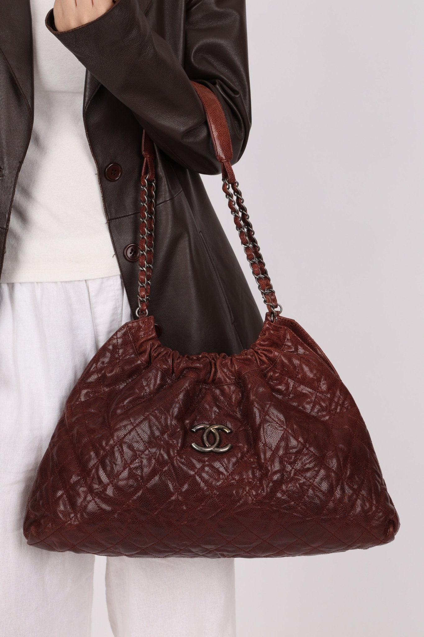 Chanel 2012 Burgundy Aged Caviar Elastic CC Hobo - FashioNica