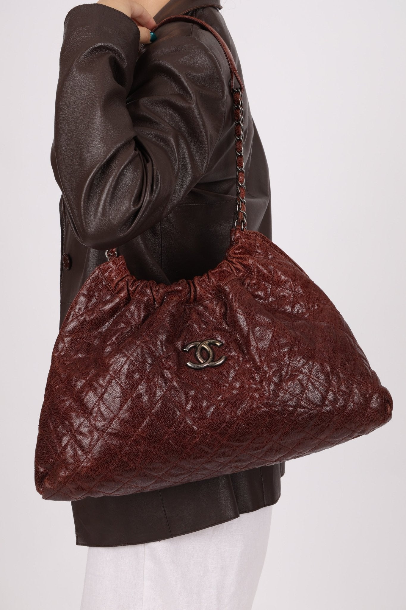 Chanel 2012 Burgundy Aged Caviar Elastic CC Hobo - FashioNica